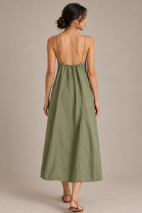 RAELYNN Halter Midi Parachute Dress W/ Toggle Drawstring Back & Hem (Moss Green)