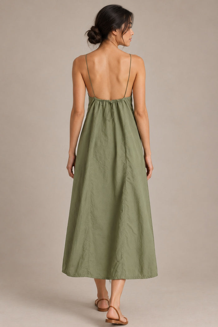 RAELYNN Halter Midi Parachute Dress W/ Toggle Drawstring Back & Hem (Moss Green)