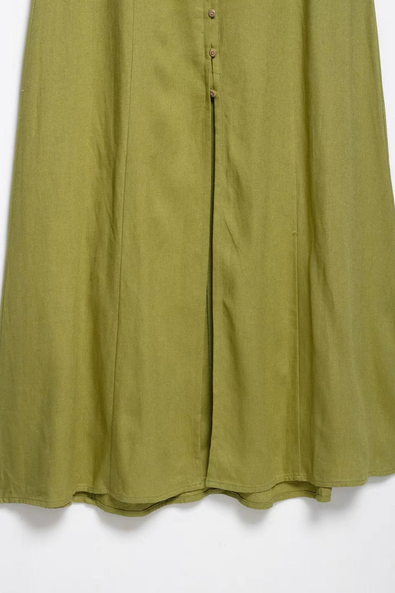 SOLENE Linen Button-Front Midi Dress (Olive Green)