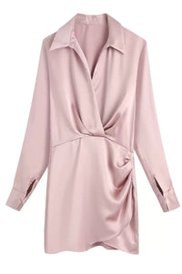 ELEANOR Draped Wrap Satin Collared Mini Dress (Blush Pink)