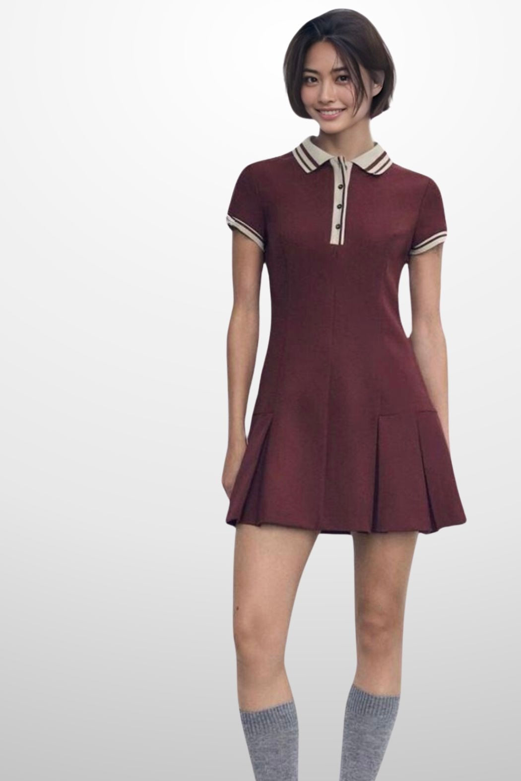 VIVIANA Polo Dress with Pleated Skirt (Burgundy Red)