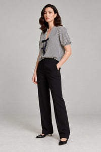 FINLEY V-neck Ribbon-Tie Puff Sleeve Top (Navy Stripes)