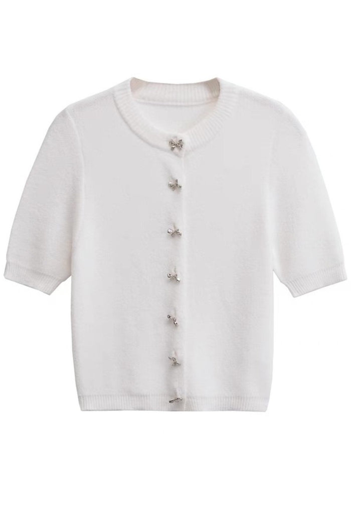 COLETTE Bow-Button Knit Cardigan Top (White)