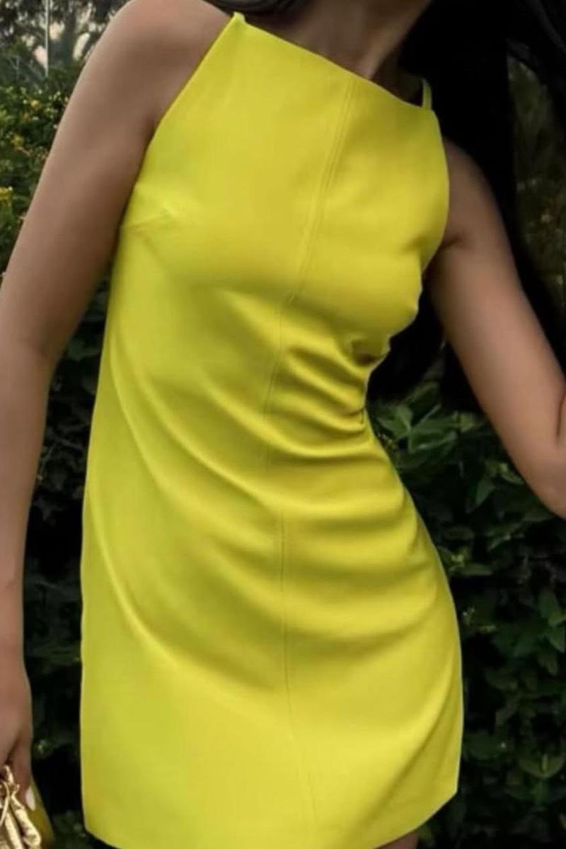 AMINA Square-Neck Mini Dress (Lime Yellow)