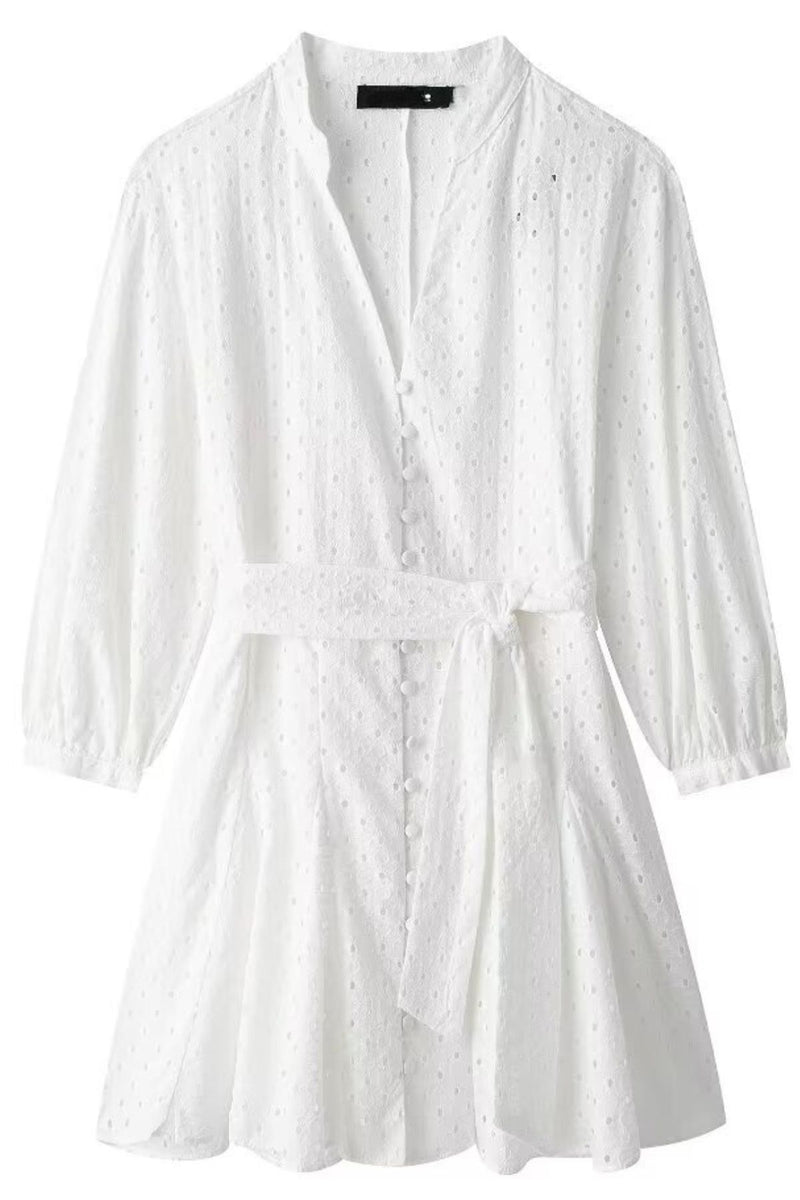 REMI V-Neck Long-Sleeve Button-Down Eyelet Mini Dress (White)