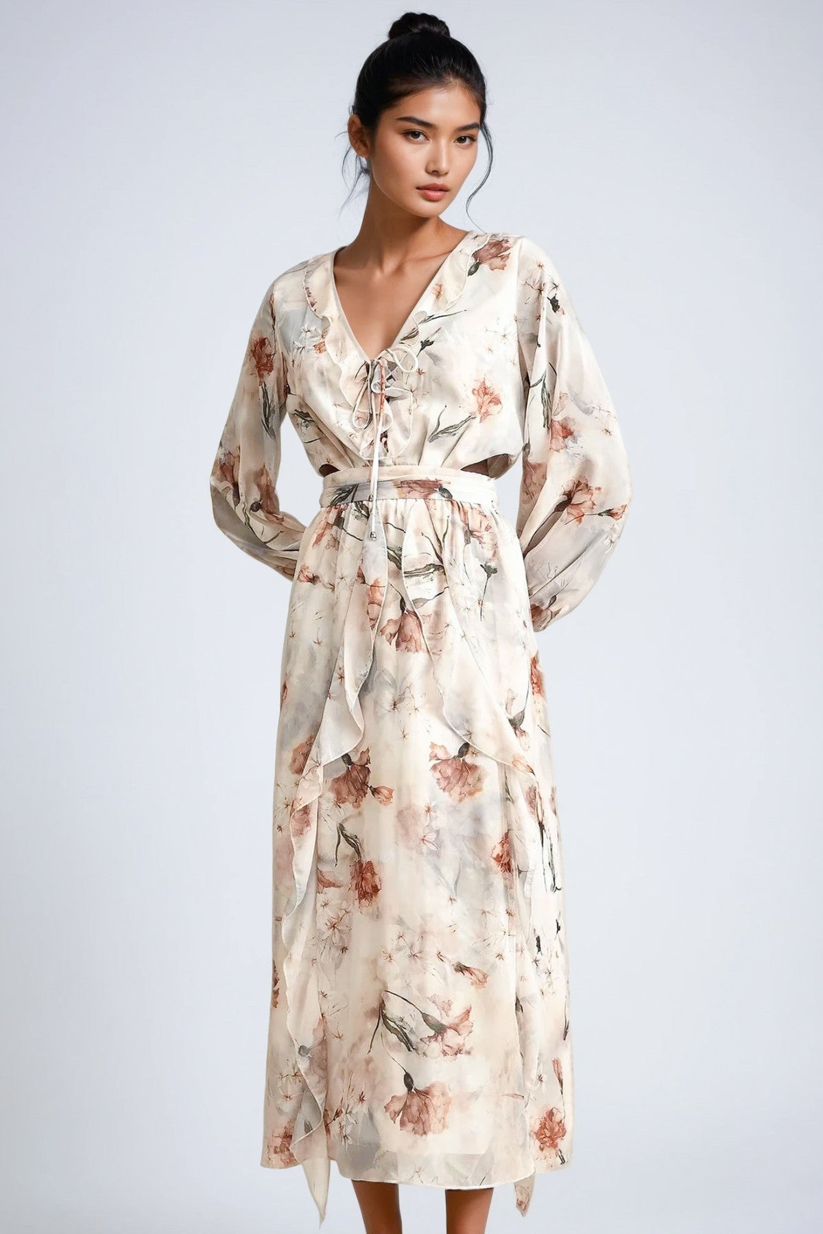 LYANA Floral Cutout Chiffon Maxi Dress