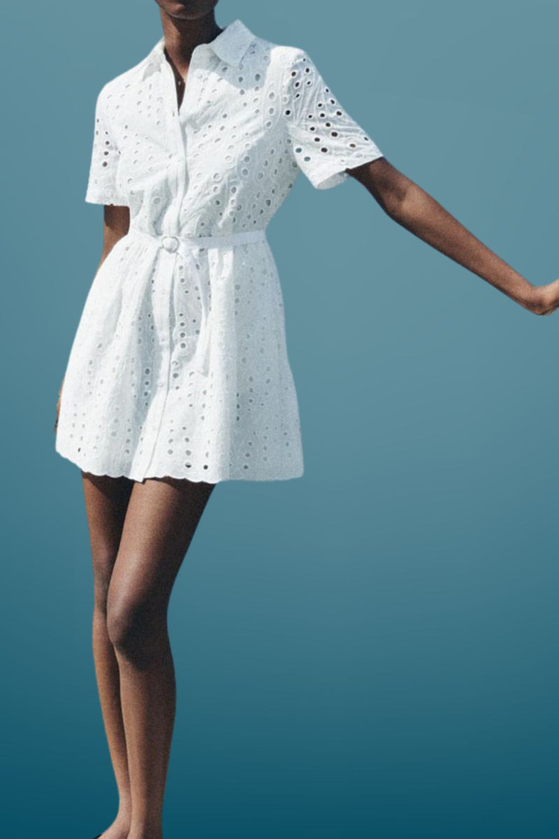 ELISA Button-Down Eyelet Mini Dress (White)