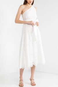 TESSA One-Shoulder Eyelet Midi Dress (White)