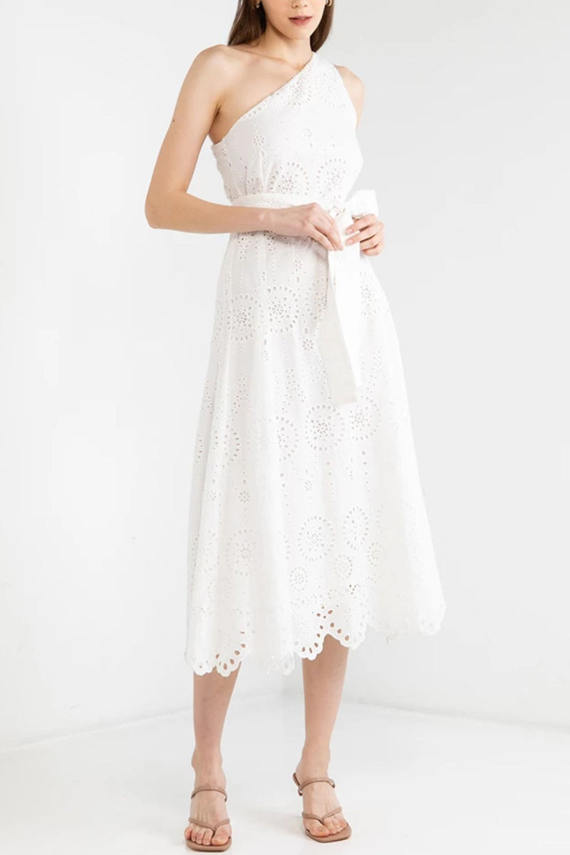 TESSA One-Shoulder Eyelet Midi Dress (White)