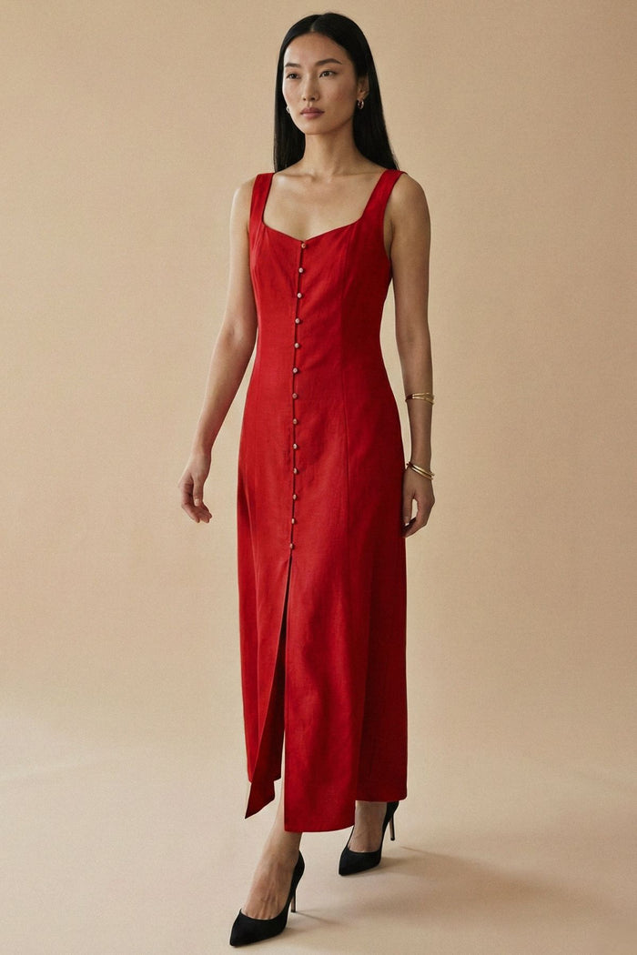 SOLENE Linen Button-Front Maxi Dress (Red)
