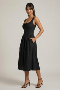 MARCELLA Square Neck Fit & Flare Midi Dress with Pockets (Black)