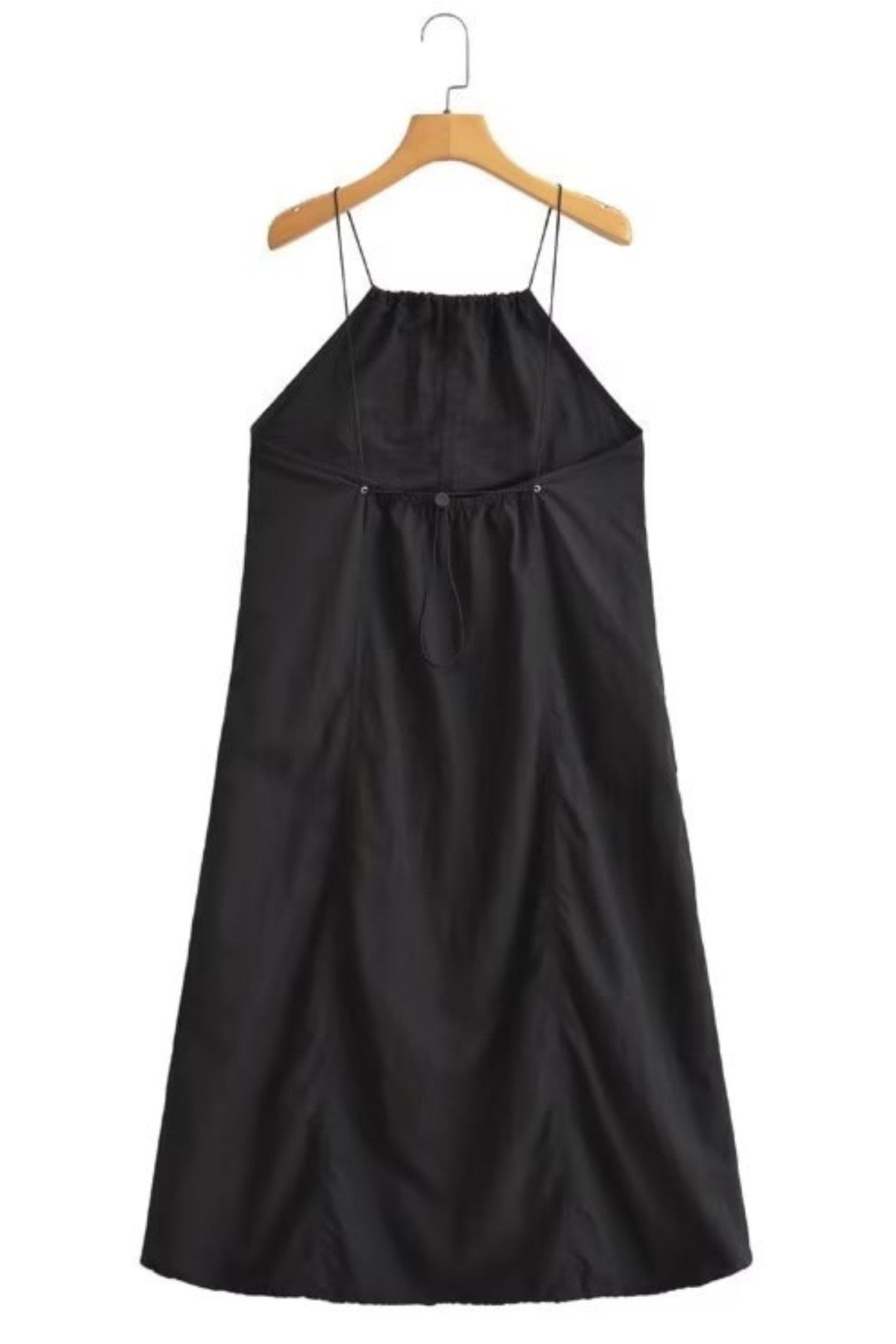 RAELYNN Halter Midi Parachute Dress W/ Toggle Drawstring Back & Hem (Black)