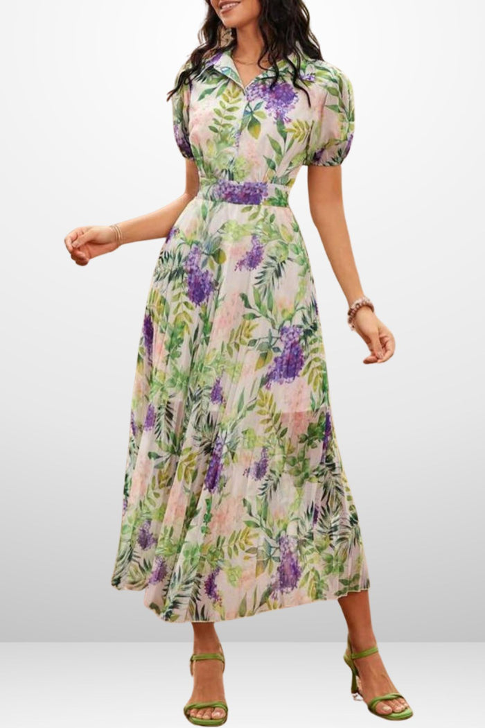 CATHERINE Collared Floral Pleated Midi Dress