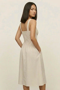 MARCELLA Square Neck Fit & Flare Midi Dress with Pockets (Beige Stripe)