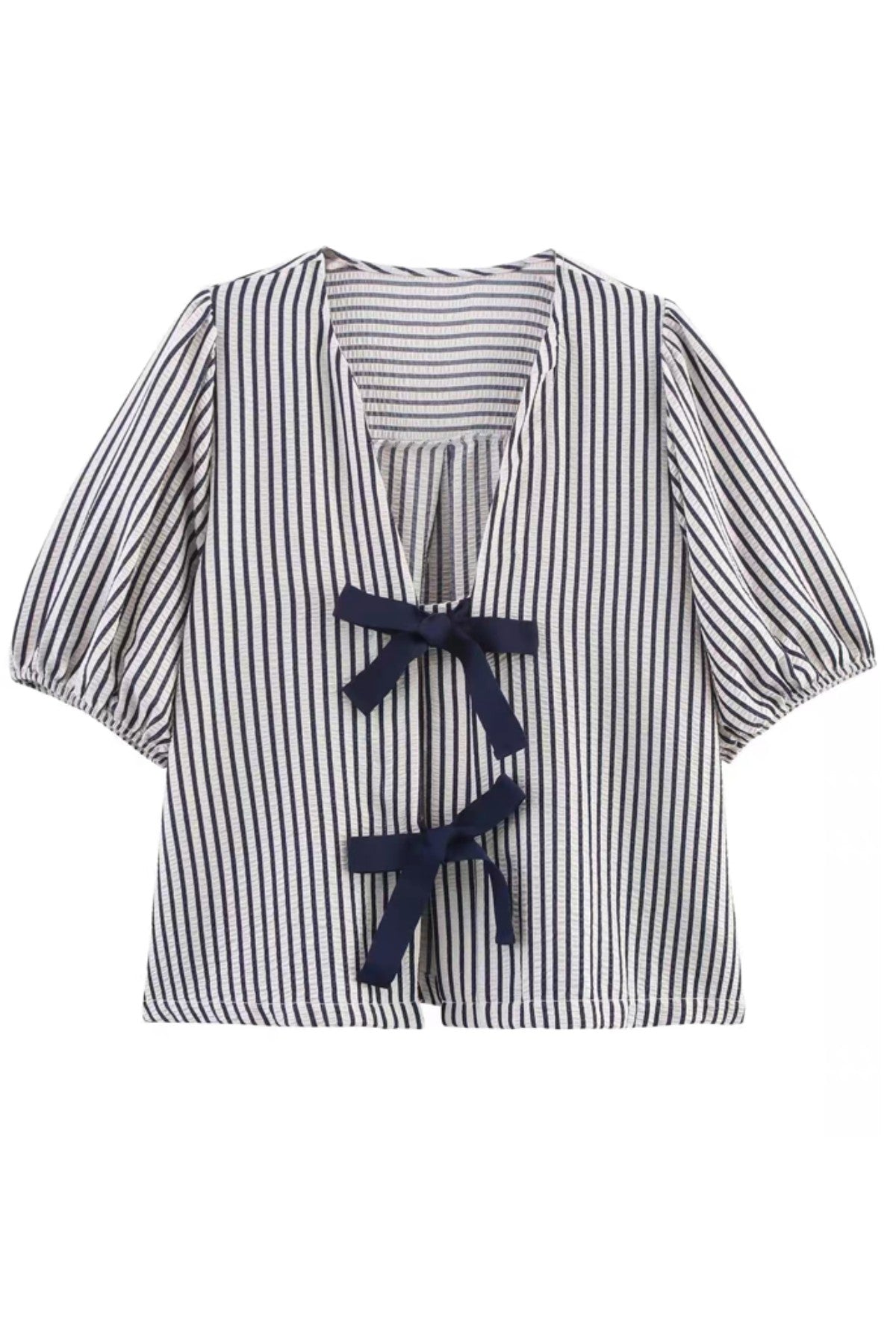 FINLEY V-neck Ribbon-Tie Puff Sleeve Top (Navy Stripes)