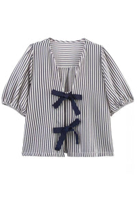 FINLEY V-neck Ribbon-Tie Puff Sleeve Top (Navy Stripes)