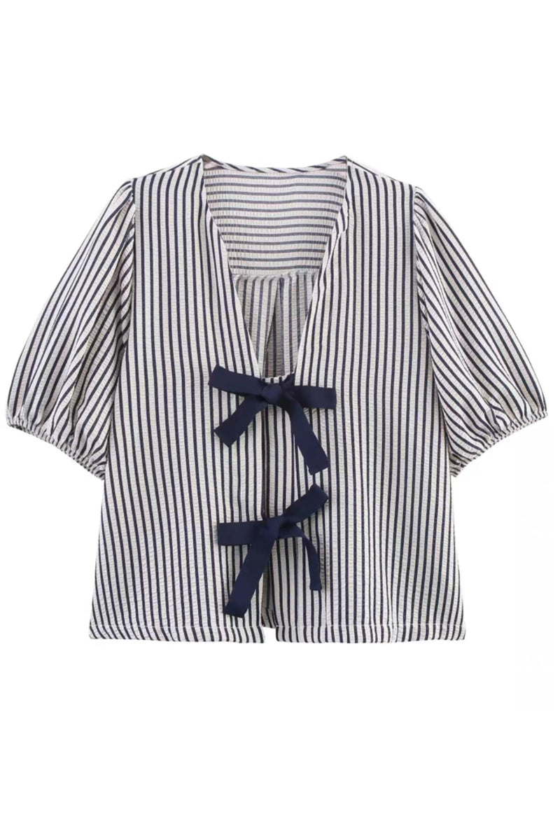 FINLEY V-neck Ribbon-Tie Puff Sleeve Top (Navy Stripes)