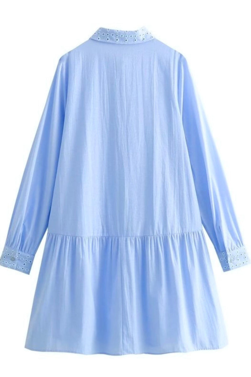 TAM Embroidered Drop-Waist Shirt Dress (Light Blue)