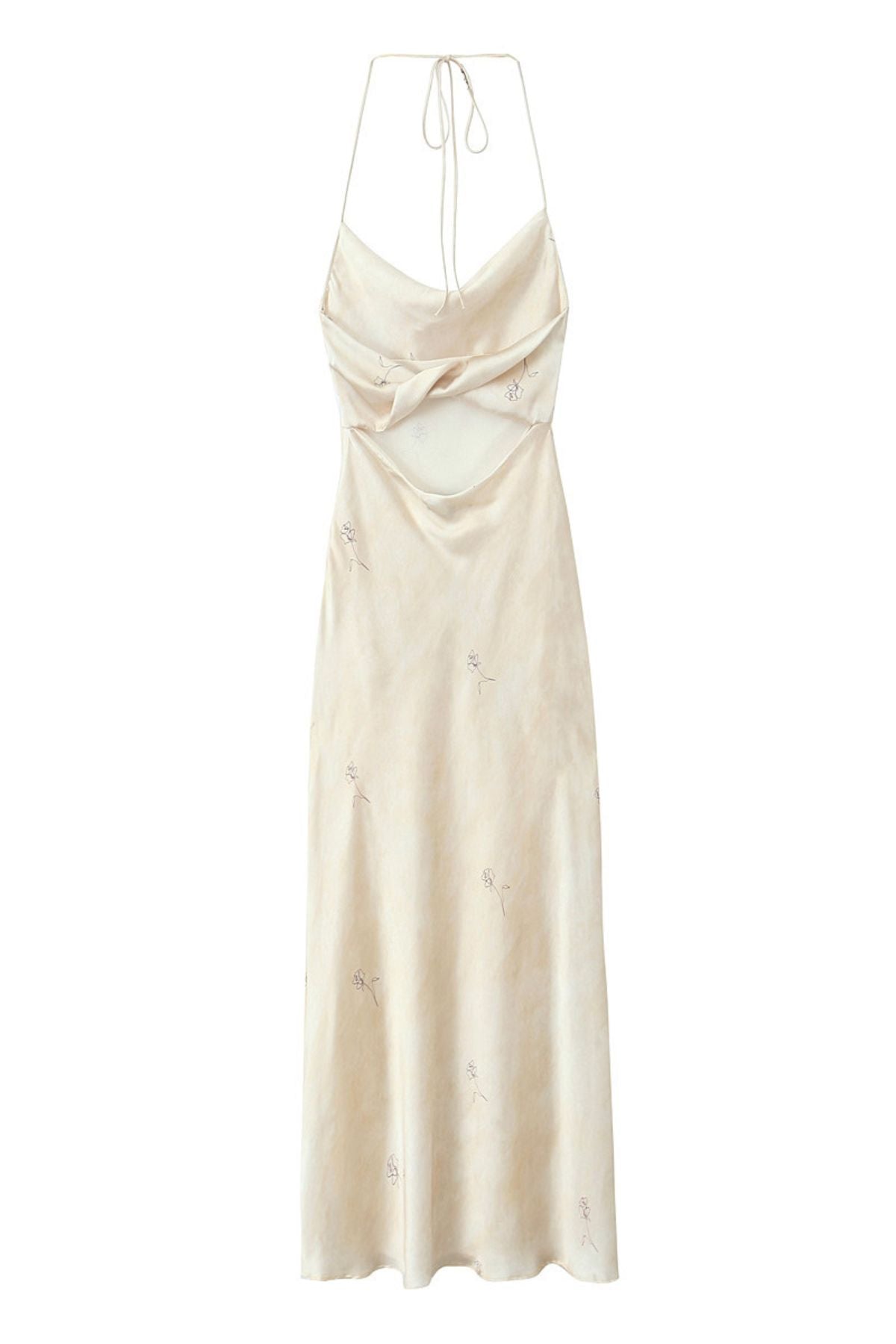 GRACE Satin Cowl-Neck Halter Midi Dress w/ Back Cut-Out (Champagne Nude)