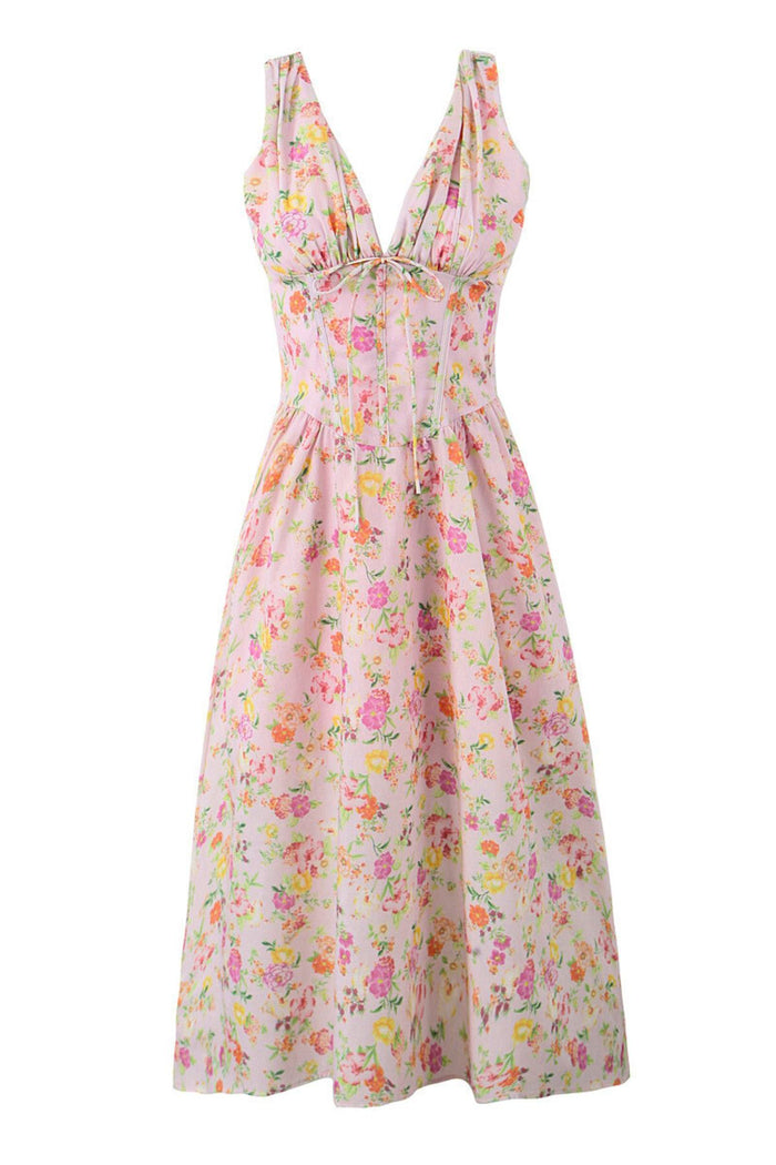 OPHELIA Floral Bustier A-Line Midi Dress (Pink)