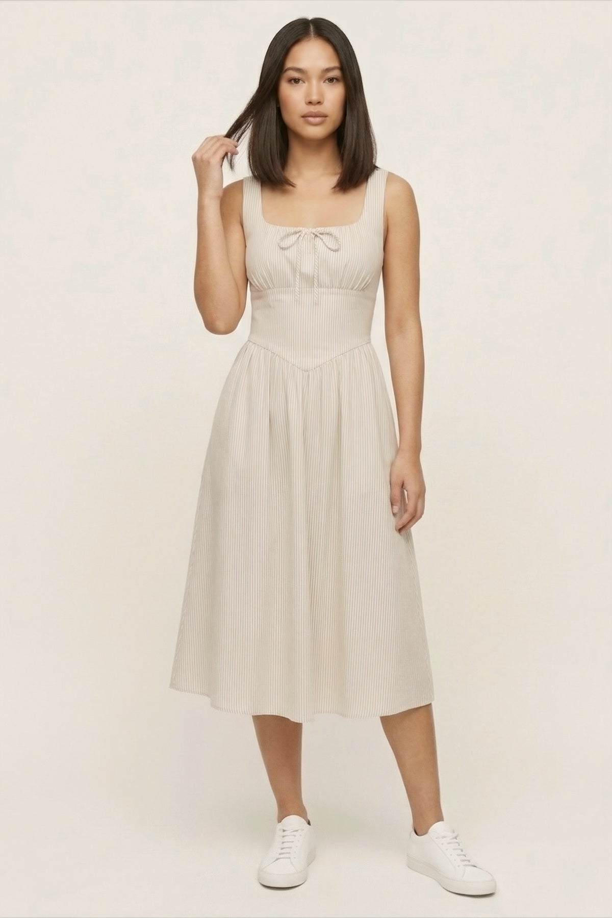 MARCELLA Square Neck Fit & Flare Midi Dress with Pockets (Beige Stripe)
