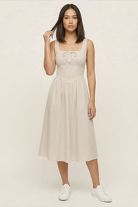 MARCELLA Square Neck Fit & Flare Midi Dress with Pockets (Beige Stripe)