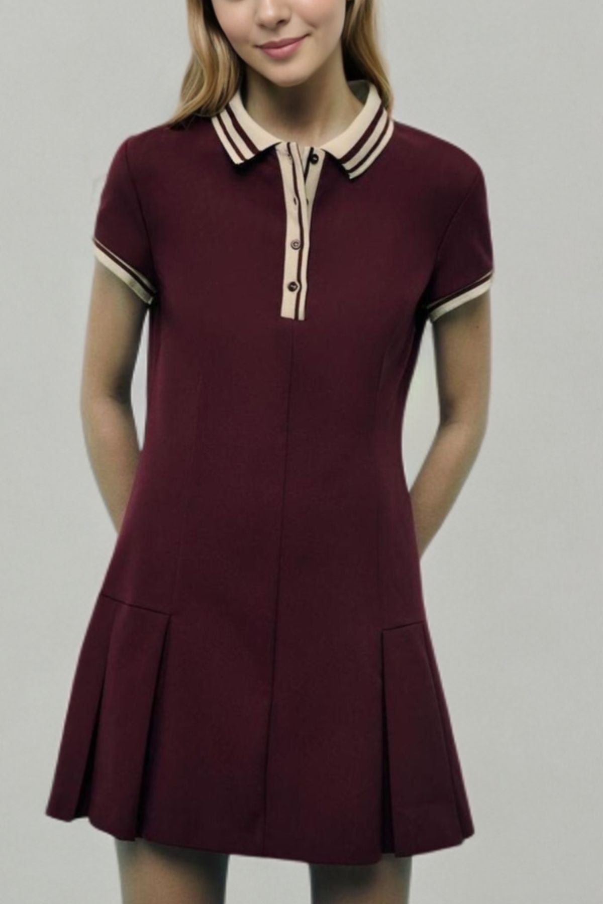 VIVIANA Polo Dress with Pleated Skirt (Burgundy Red)