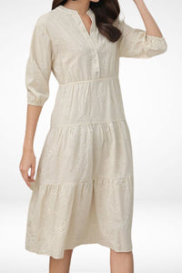 KAIA Tiered Embroidered Linen Midi Dress (Oat)