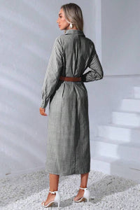 SKYLAR Striped Button-Down Dress W/ Belt (Deep Gray)