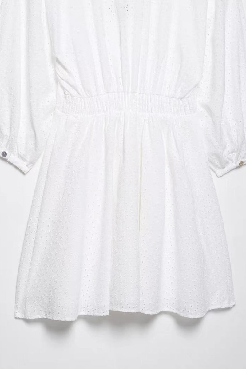 ISLA Puff Sleeve Broderie Eyelet Mini Dress (White)