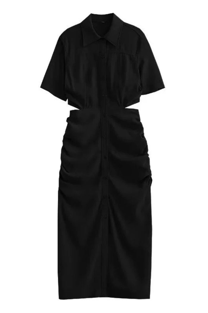 OAKLEY Open-Back Button-Down Ruched Sides Midi Dress (Black)