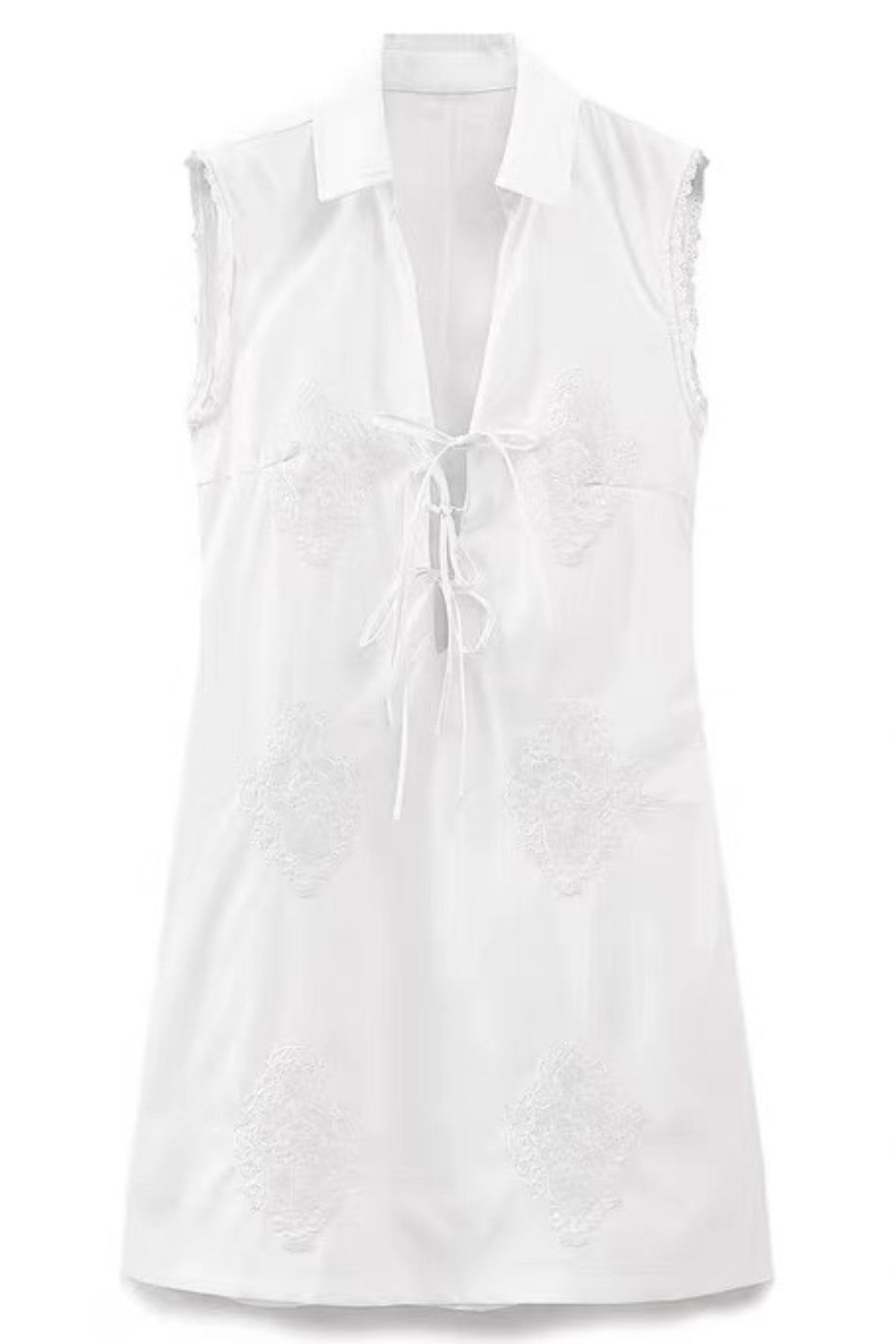 TALIA Embroidered Poplin Lace-Up Mini Dress (White)