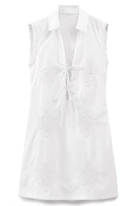 TALIA Embroidered Poplin Lace-Up Mini Dress (White)