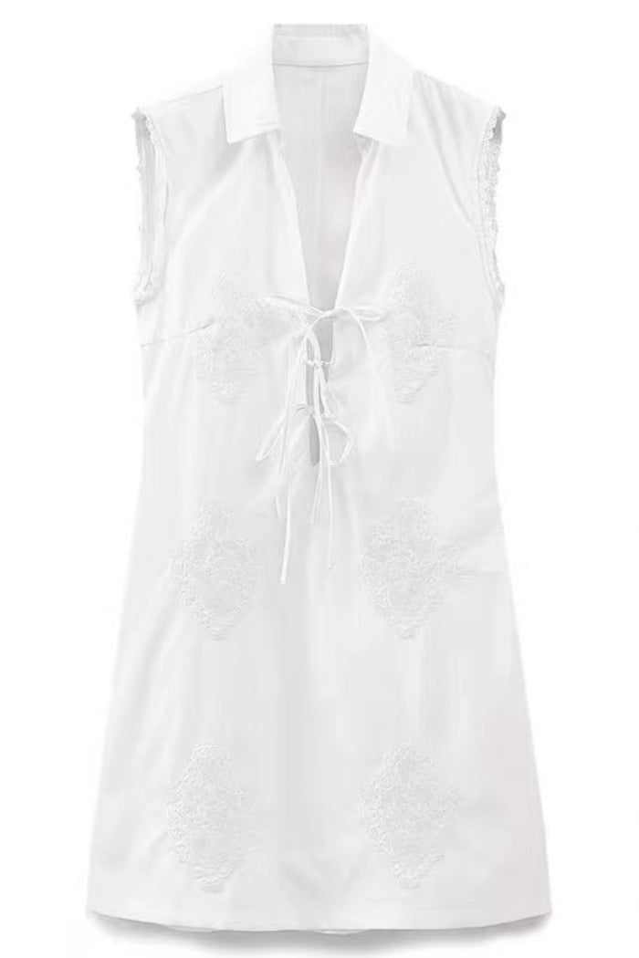 TALIA Embroidered Poplin Lace-Up Mini Dress (White)