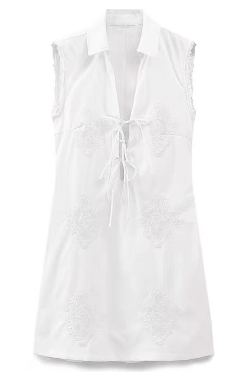 TALIA Embroidered Poplin Lace-Up Mini Dress (White)