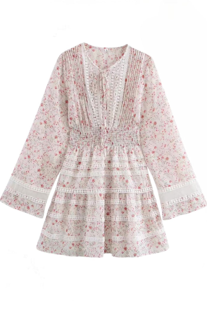 FIORA Floral Chiffon Lace-Trim Mini Dress