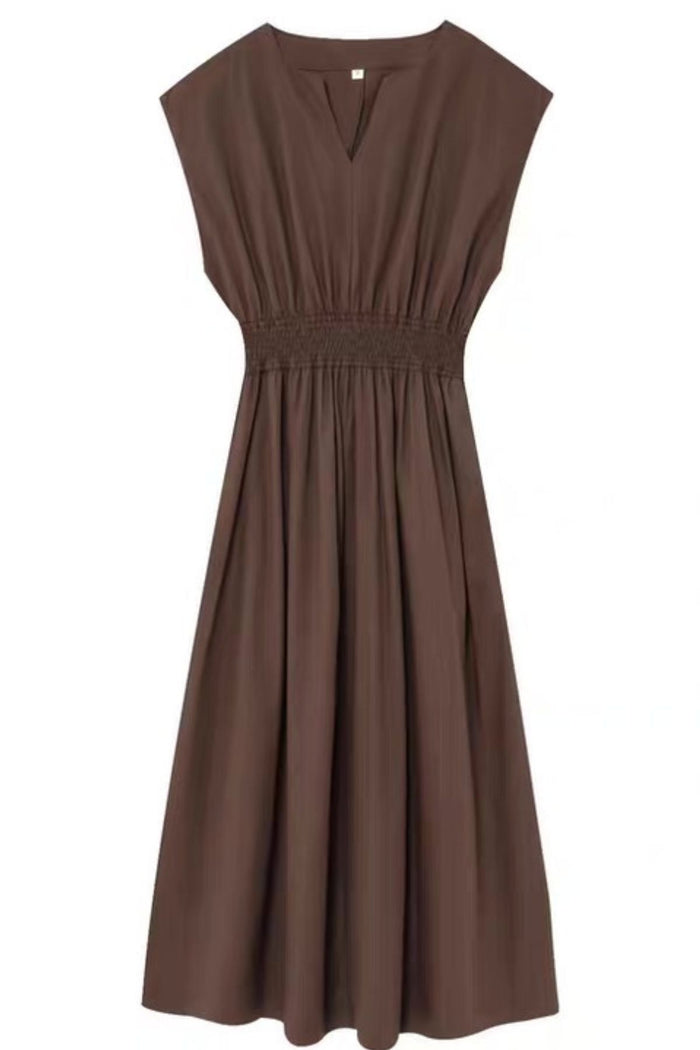 ELINE Smocked Waist Cotton Midi Dress with Pockets(Espresso Brown)