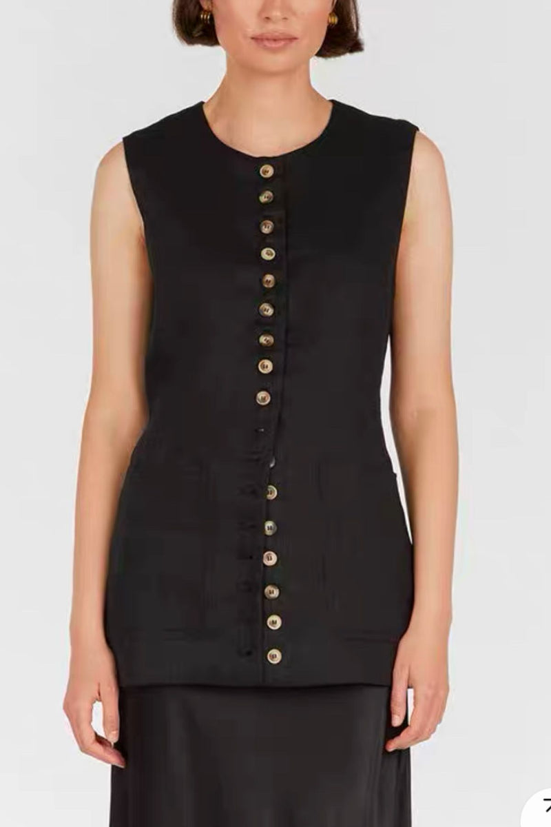 RAYA Linen Buttoned Vest Top (Black)