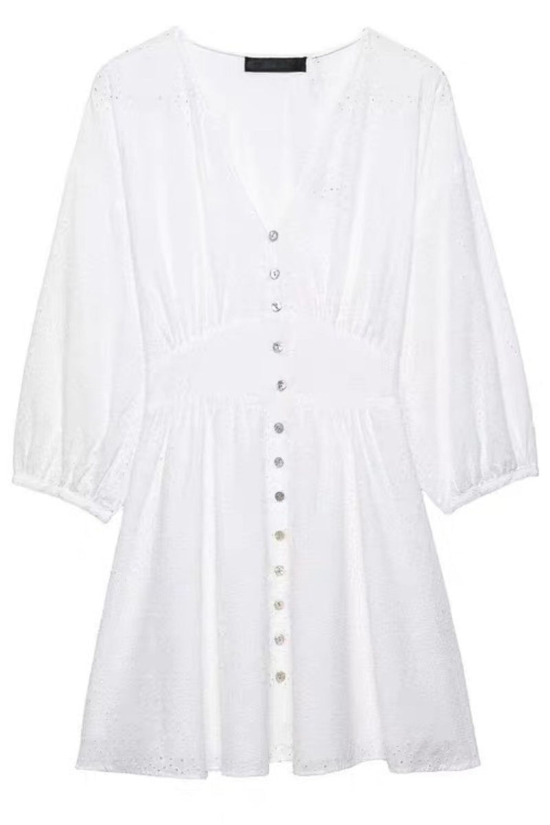 ISLA Puff Sleeve Broderie Eyelet Mini Dress (White)