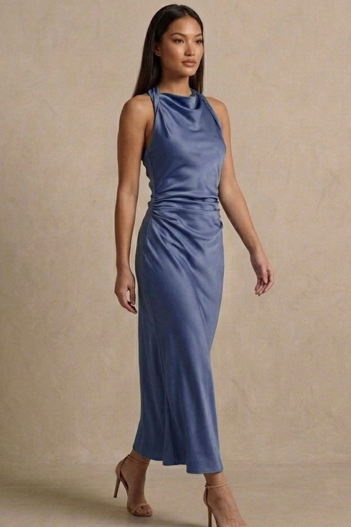 EVELYN Satin Cowl-Neck Midi Dress (Powder Blue)