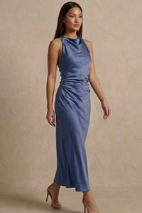 EVELYN Satin Cowl-Neck Midi Dress (Powder Blue)