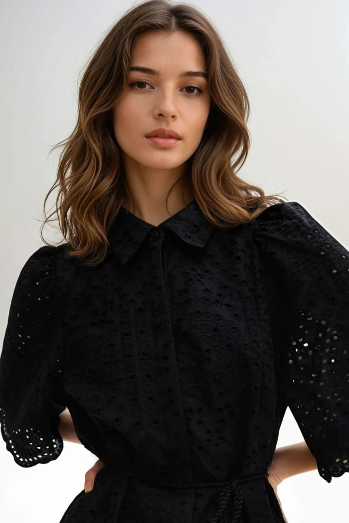 ODETTE Broderie Eyelet Midi Dress with Rope Tie (Black)