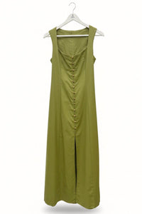 SOLENE Linen Button-Front Midi Dress (Olive Green)