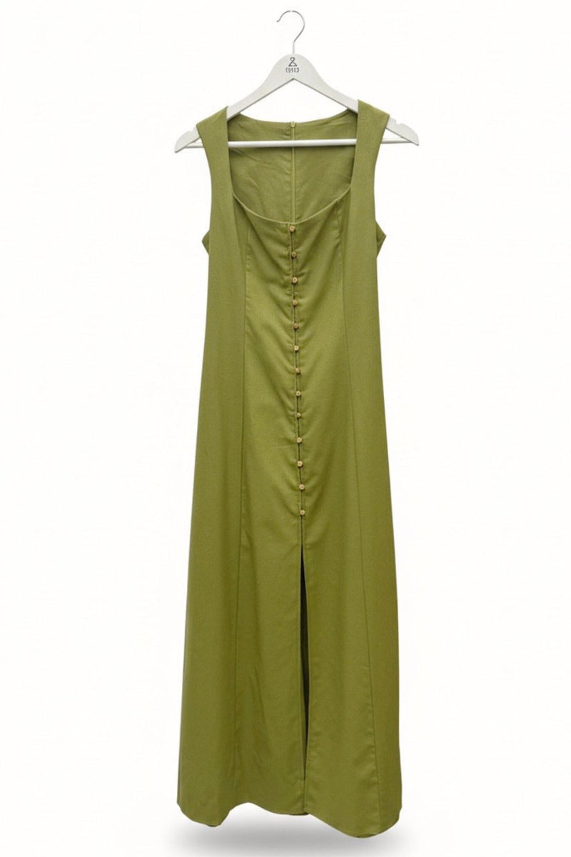 SOLENE Linen Button-Front Midi Dress (Olive Green)