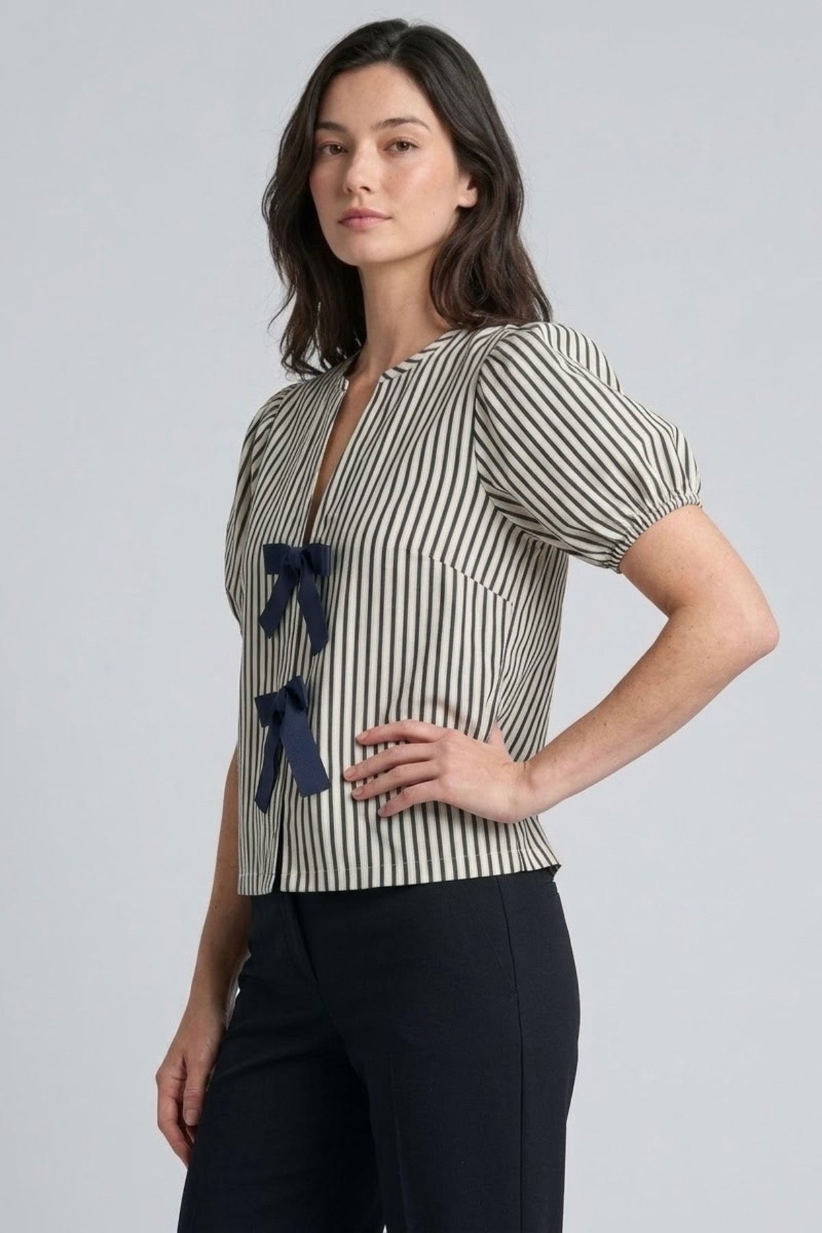 FINLEY V-neck Ribbon-Tie Puff Sleeve Top (Navy Stripes)