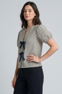 FINLEY V-neck Ribbon-Tie Puff Sleeve Top (Navy Stripes)