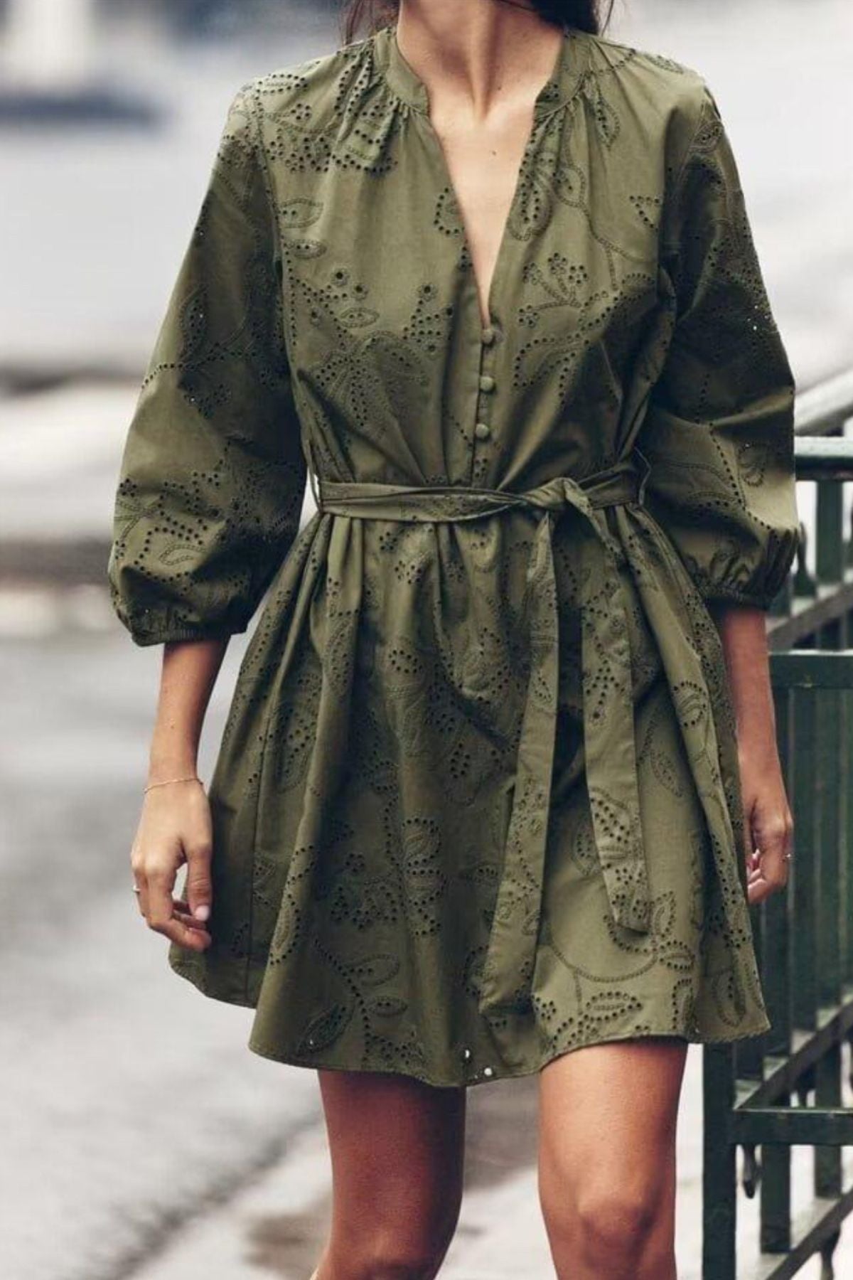 AISHA V-Neck Long-Sleeve Eyelet Mini Dress (Olive Green)