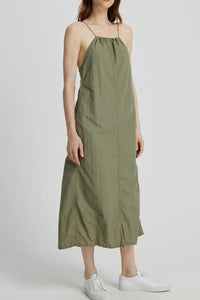 RAELYNN Halter Midi Parachute Dress W/ Toggle Drawstring Back & Hem (Moss Green)