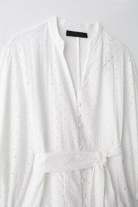 REMI V-Neck Long-Sleeve Button-Down Eyelet Mini Dress (White)