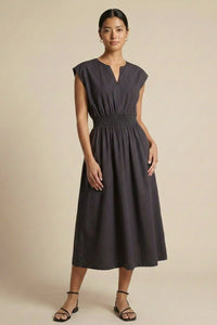 CELINE Smocked Waist Cotton Midi Dress with Pockets(Deep Gray)